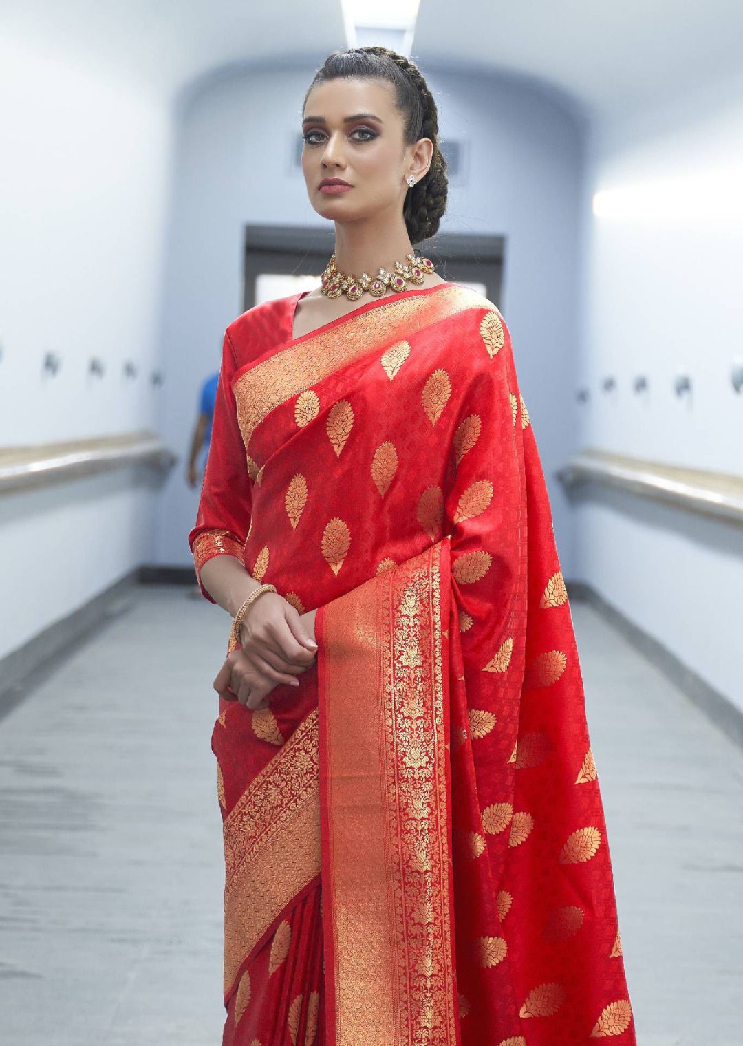 Vsaree Red Banarasi Silk Designer Saree With Banarasi Border And Blouse