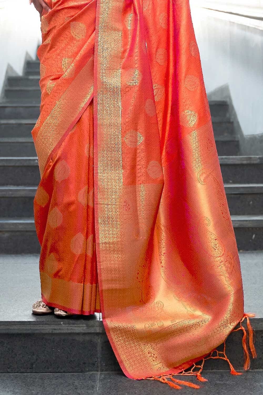 Vsaree Orange Banarasi Silk Designer Saree With Banarasi Border And Blouse