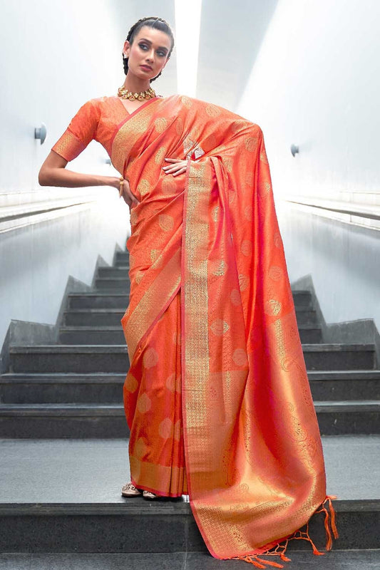 Vsaree Orange Banarasi Silk Designer Saree With Banarasi Border And Blouse