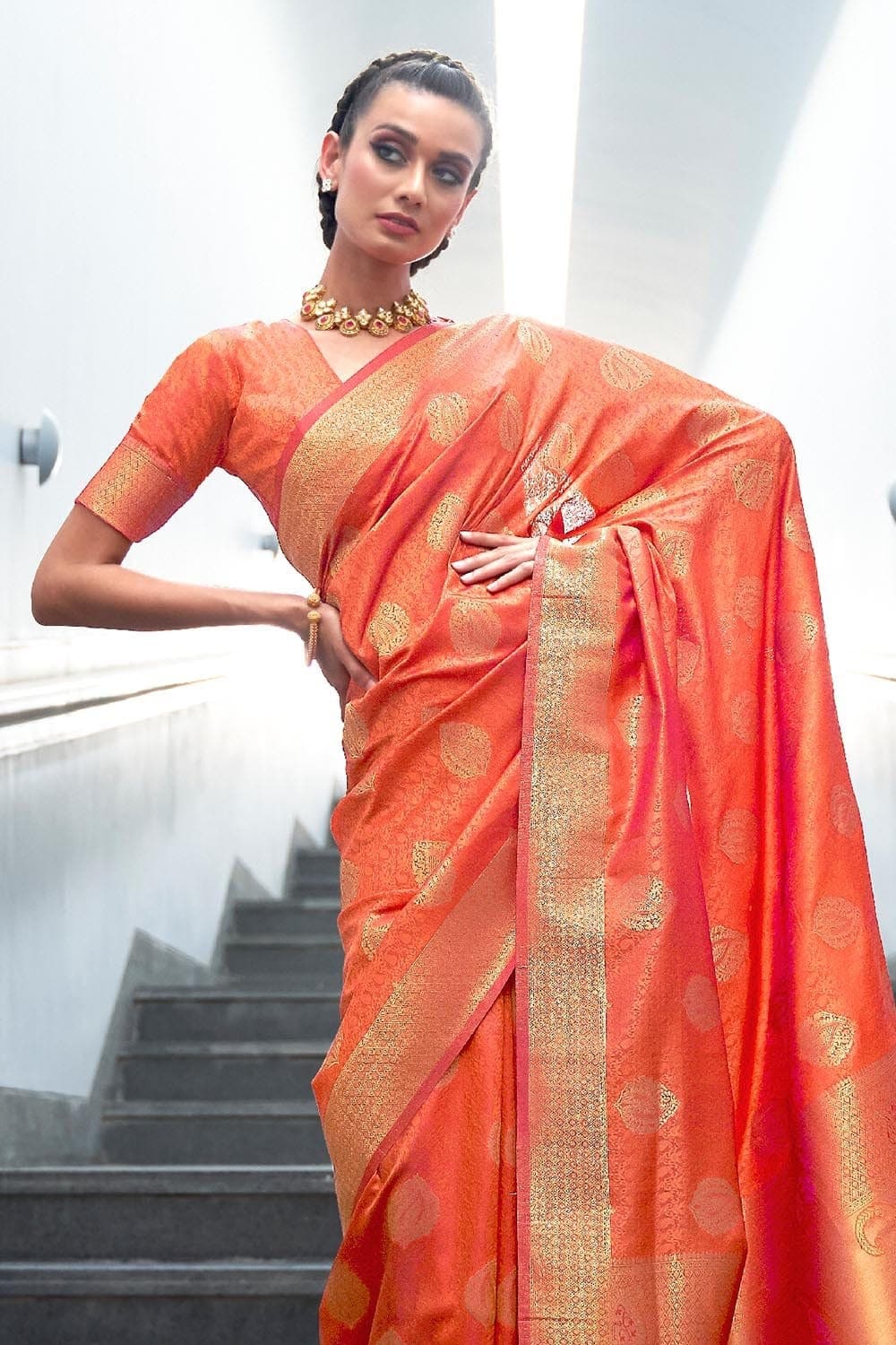 Vsaree Orange Banarasi Silk Designer Saree With Banarasi Border And Blouse