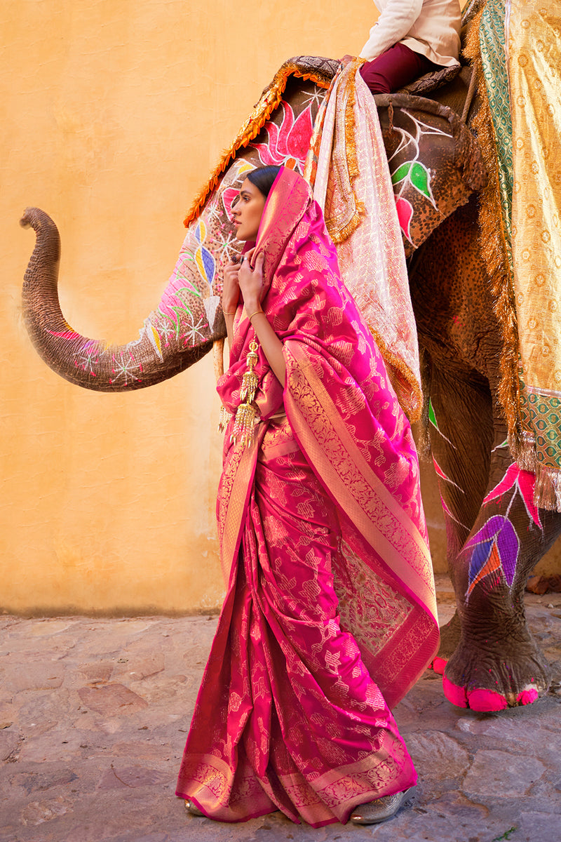 Vsaree Pink Banarasi Silk Golden Border And Zari Weaving Work With Banarasi Design Saree And Blouse