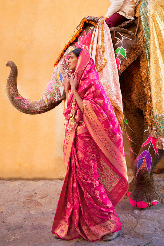 Vsaree Pink Banarasi Silk Golden Border And Zari Weaving Work With Banarasi Design Saree And Blouse