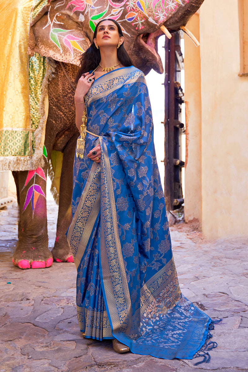 Vsaree Blue Banarasi Silk Golden Border And Zari Weaving Work With Banarasi Design Saree And Blouse