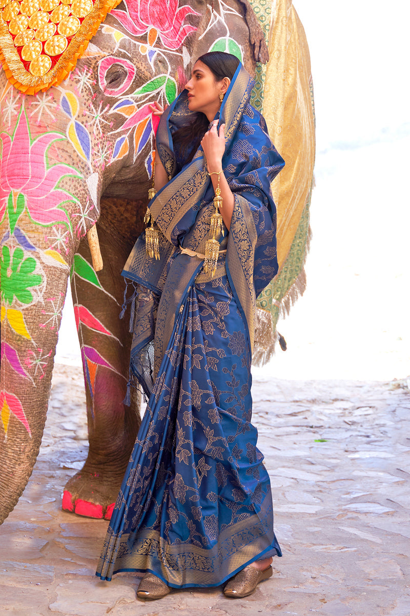 Vsaree Blue Banarasi Silk Golden Border And Zari Weaving Work With Banarasi Design Saree And Blouse