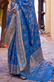 Vsaree Blue Banarasi Silk Golden Border And Zari Weaving Work With Banarasi Design Saree And Blouse