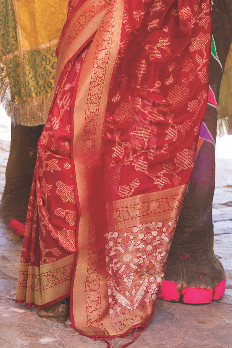 Vsaree Maroon Banarasi Silk Golden Border And Zari Weaving Work With Banarasi Design Saree And Blouse