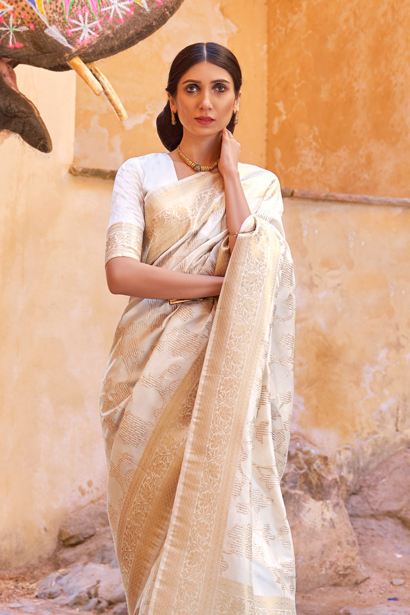 Vsaree Cream Banarasi Silk Golden Border And Zari Weaving Work With Banarasi Design Saree And Blouse