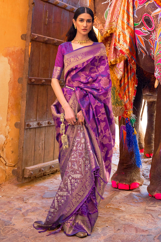 Vsaree Purple Banarasi Silk Golden Border And Zari Weaving Work With Banarasi Design Saree And Blouse