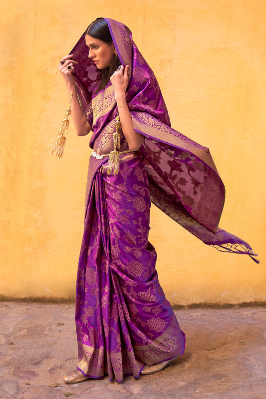 Vsaree Purple Banarasi Silk Golden Border And Zari Weaving Work With Banarasi Design Saree And Blouse