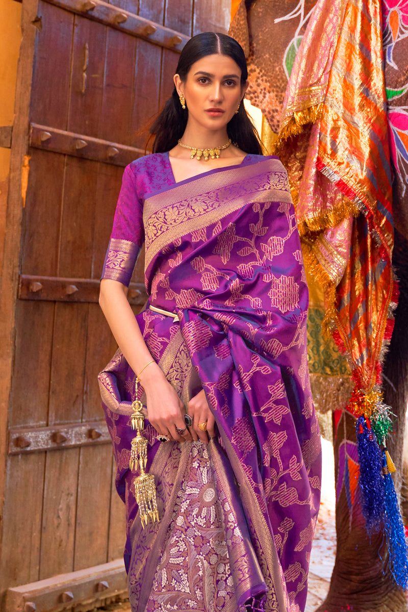 Vsaree Purple Banarasi Silk Golden Border And Zari Weaving Work With Banarasi Design Saree And Blouse