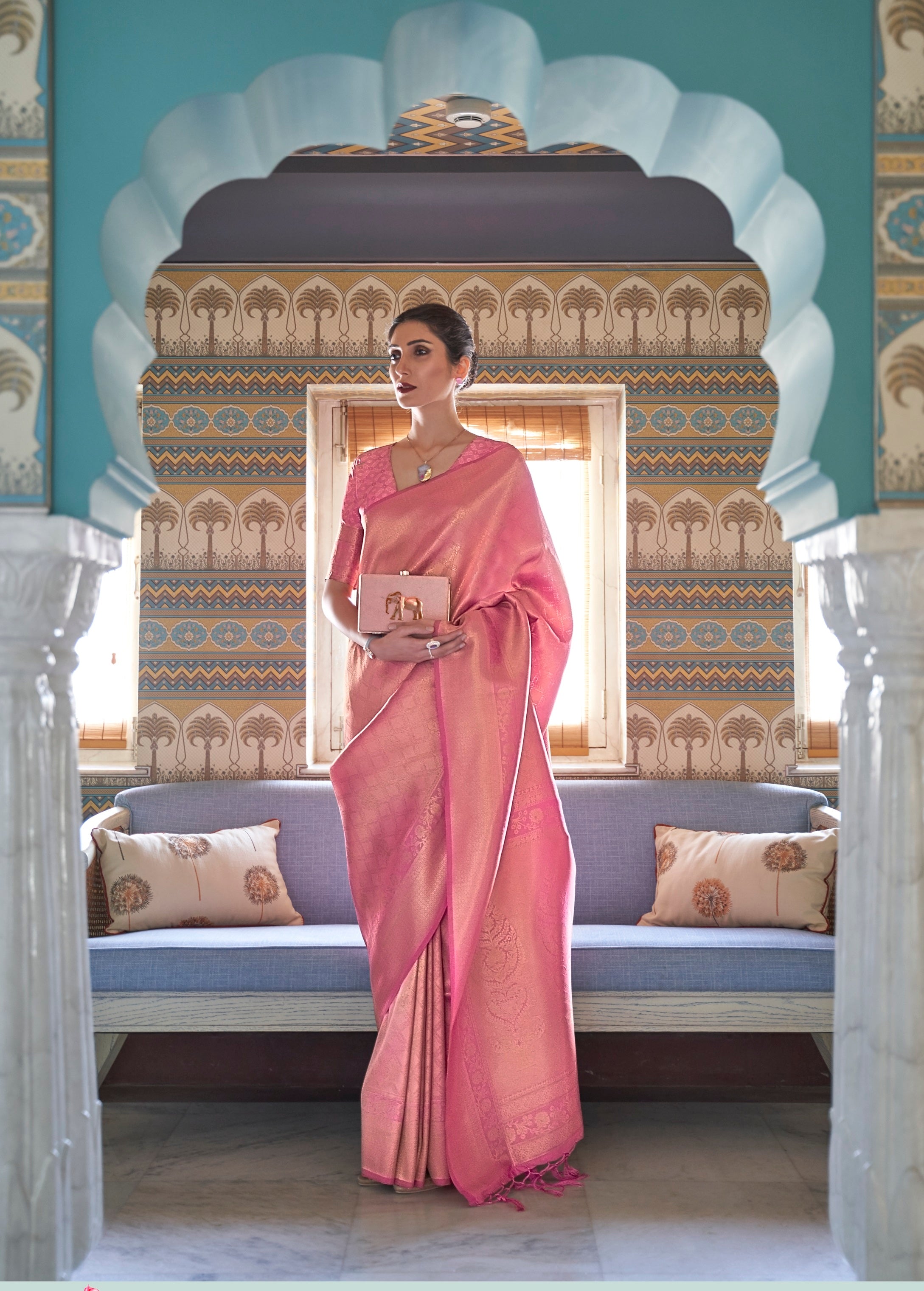 Vsaree Pink Banarasi Silk Zari Weaving Work With Banarasi Design Saree And Blouse