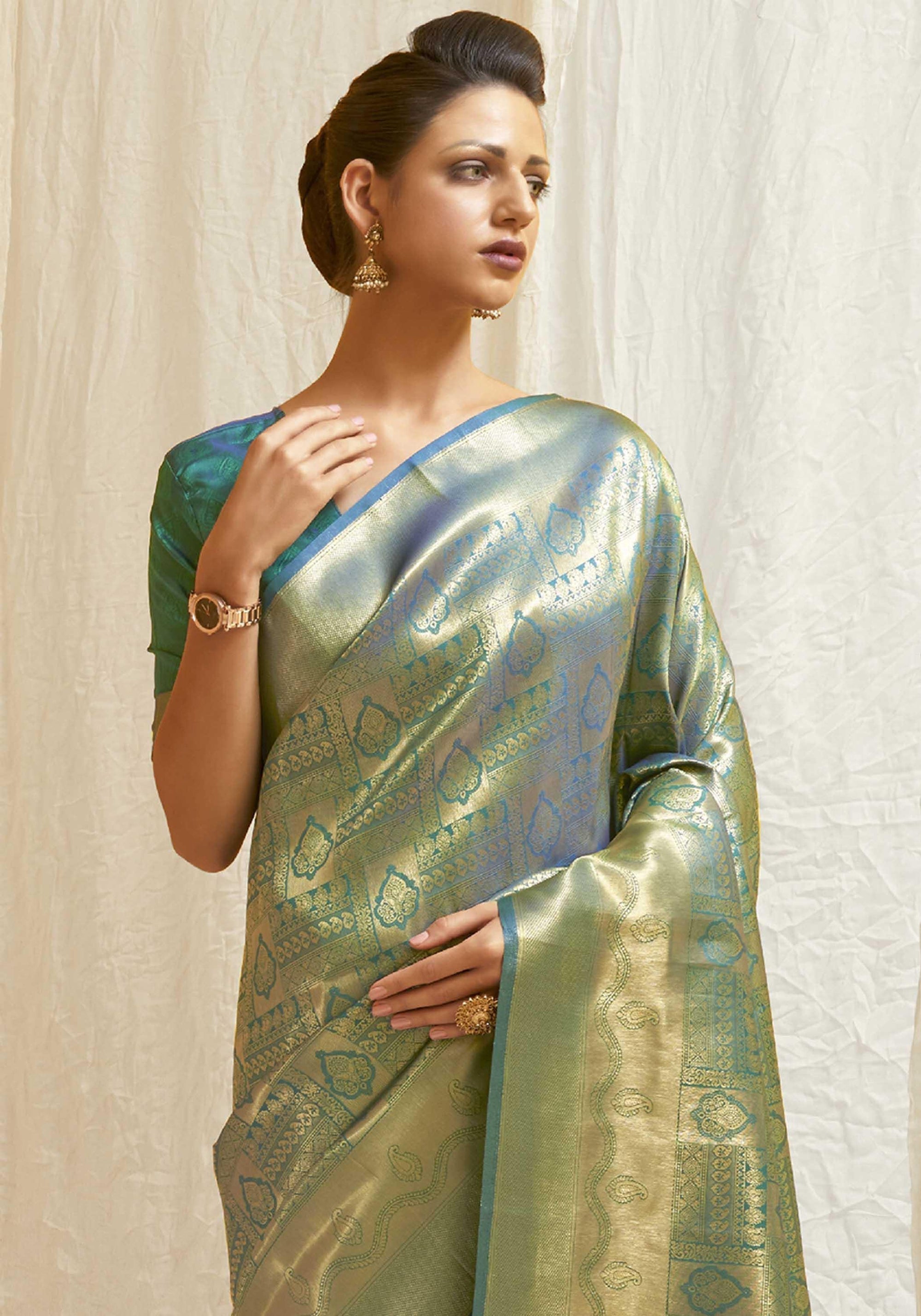 Vsaree Teal Designer Banarasi Silk Saree With Having Rich Pallu And Blouse