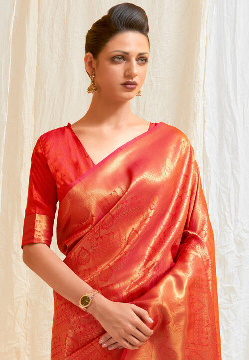 Vsaree Red Designer Banarasi Silk Saree With Having Rich Pallu And Blouse