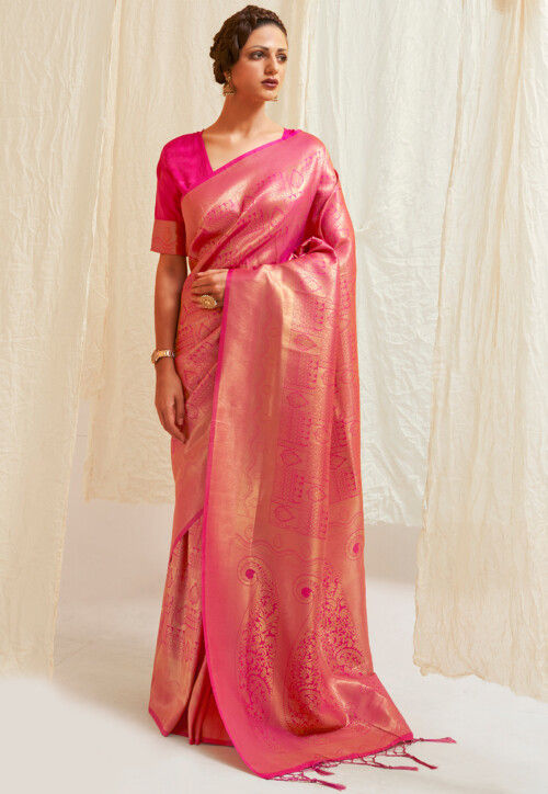 Vsaree Rani Pink Designer Banarasi Silk Saree With Having Rich Pallu And Blouse