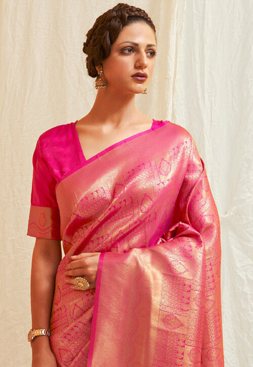 Vsaree Rani Pink Designer Banarasi Silk Saree With Having Rich Pallu And Blouse