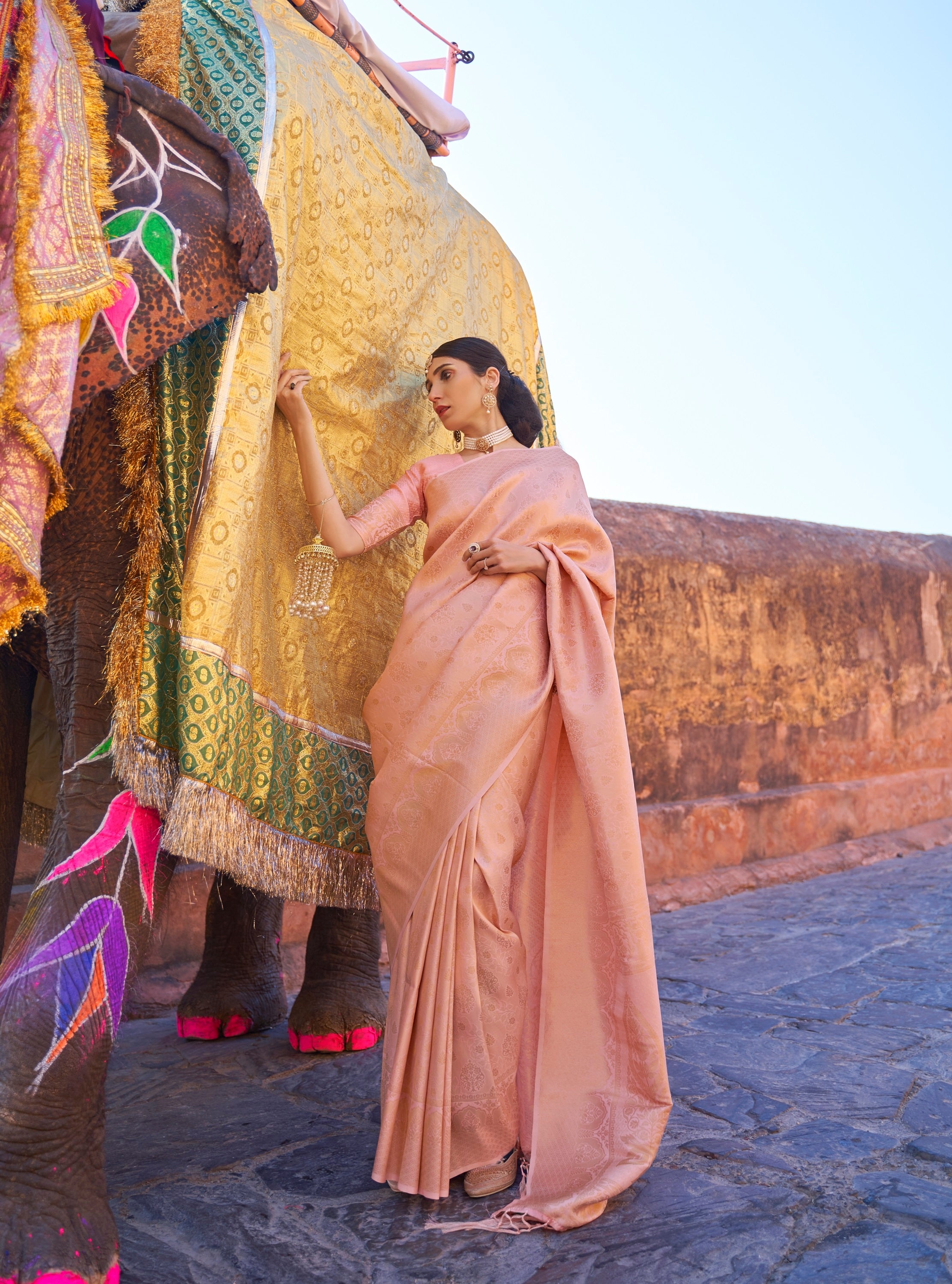 Vsaree Peach Kanjivaram Silk And Zari weaving Saree With Designer Border And Blouse