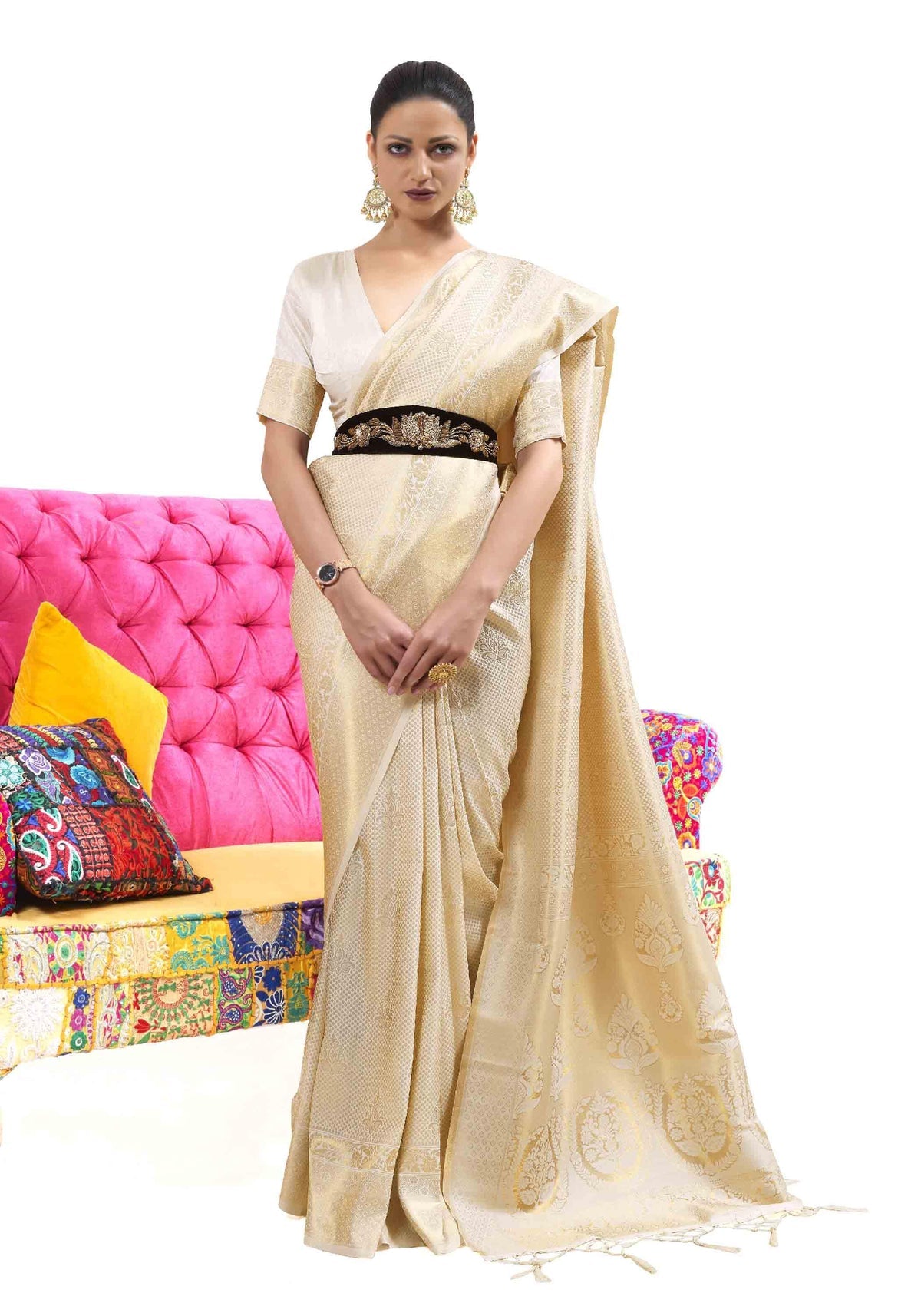 Vsaree Cream Banarasi Silk Zari Weaving Work With Banarasi Design Saree And Blouse