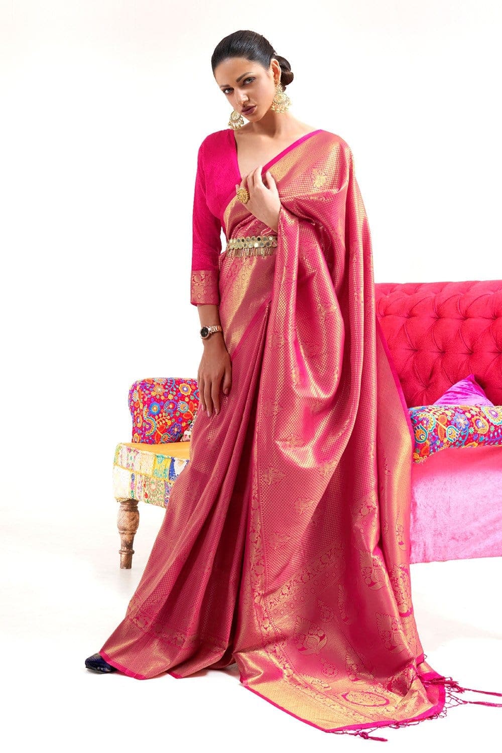 Vsaree Pink Banarasi Silk Zari Weaving Work With Banarasi Design Saree And Blouse