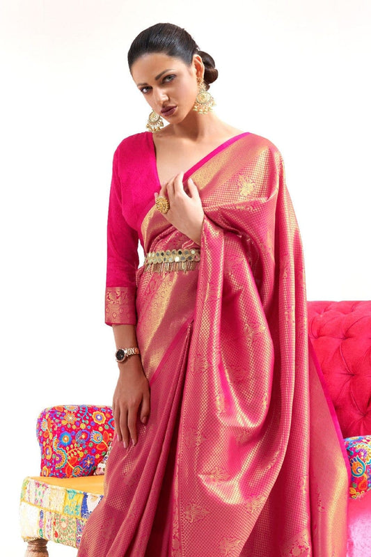 Vsaree Pink Banarasi Silk Zari Weaving Work With Banarasi Design Saree And Blouse