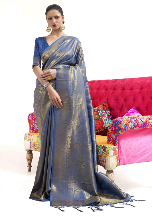 Vsaree Blue Banarasi Silk Zari Weaving Work With Banarasi Design Saree And Blouse