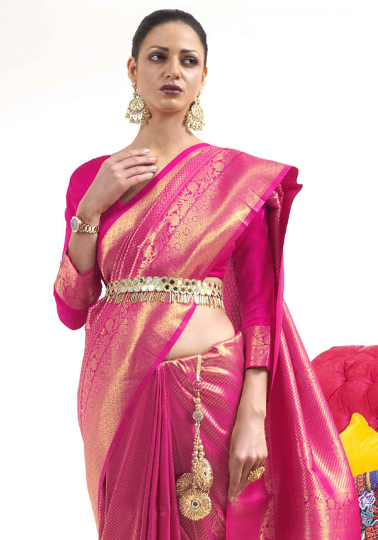 Vsaree Rani Pink Banarasi Silk Zari Weaving Work With Banarasi Design Saree And Blouse