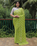 Vsaree Moss Chiffon Silk Print With Foil Border & Pallu Saree With Blouse For Women