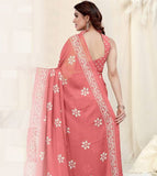 Vsaree Peach Chinon Shiffon Printed Saree And Designer Border With Heavy Rich Pallu