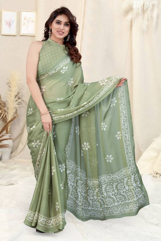 Vsaree Pista Chinon Shiffon Printed Saree And Designer Border With Heavy Rich Pallu