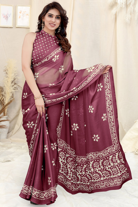 Vsaree Wine Chinon Shiffon Printed Saree And Designer Border With Heavy Rich Pallu