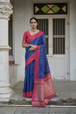 Vsaree Blue Raw Silk Saree With Contrast Border And Lining Pallu With Contrast Blouse For Women