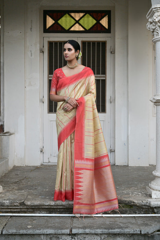 Vsaree Chiku Raw Silk Saree With Contrast Border And Lining Pallu With Contrast Blouse For Women