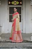 Vsaree Chiku Raw Silk Saree With Contrast Border And Lining Pallu With Contrast Blouse For Women