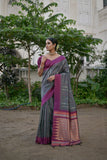 Vsaree Grey Raw Silk Saree With Contrast Border And Lining Pallu With Contrast Blouse For Women