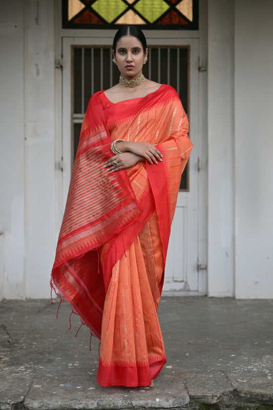 Vsaree Orange Raw Silk Saree With Contrast Border And Lining Pallu With Contrast Blouse For Women