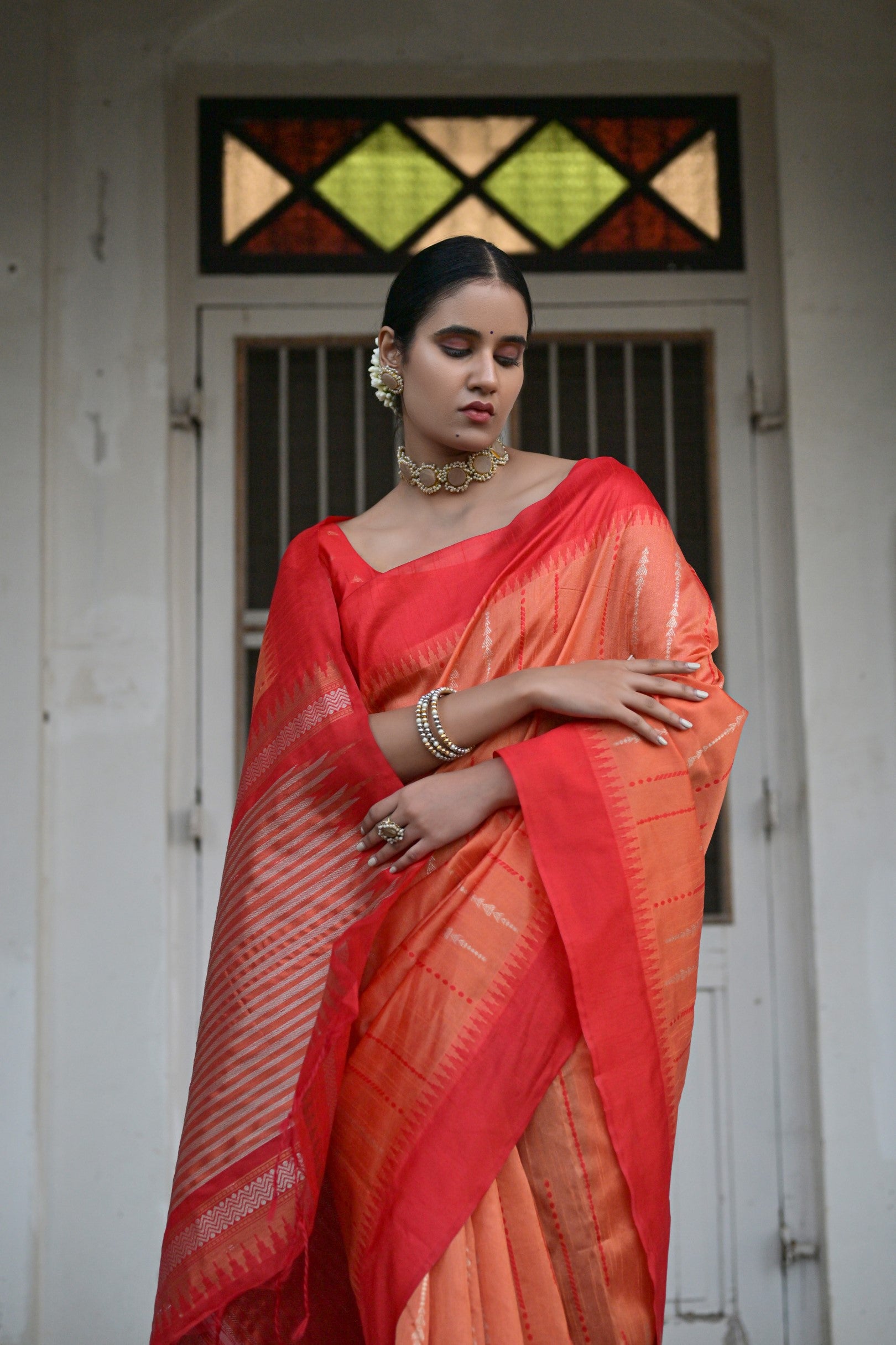 Vsaree Orange Raw Silk Saree With Contrast Border And Lining Pallu With Contrast Blouse For Women