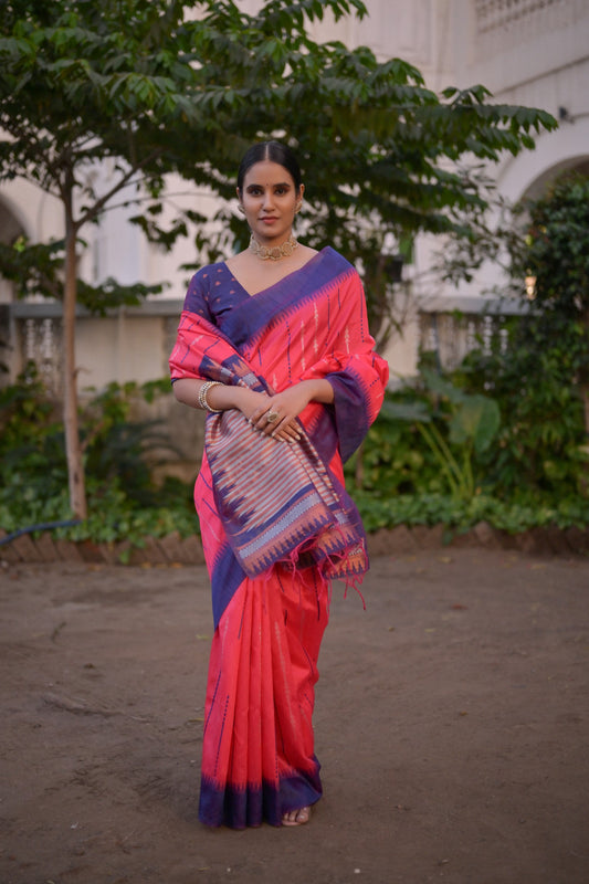 Vsaree Rani Pink Raw Silk Saree With Contrast Border And Lining Pallu With Contrast Blouse For Women