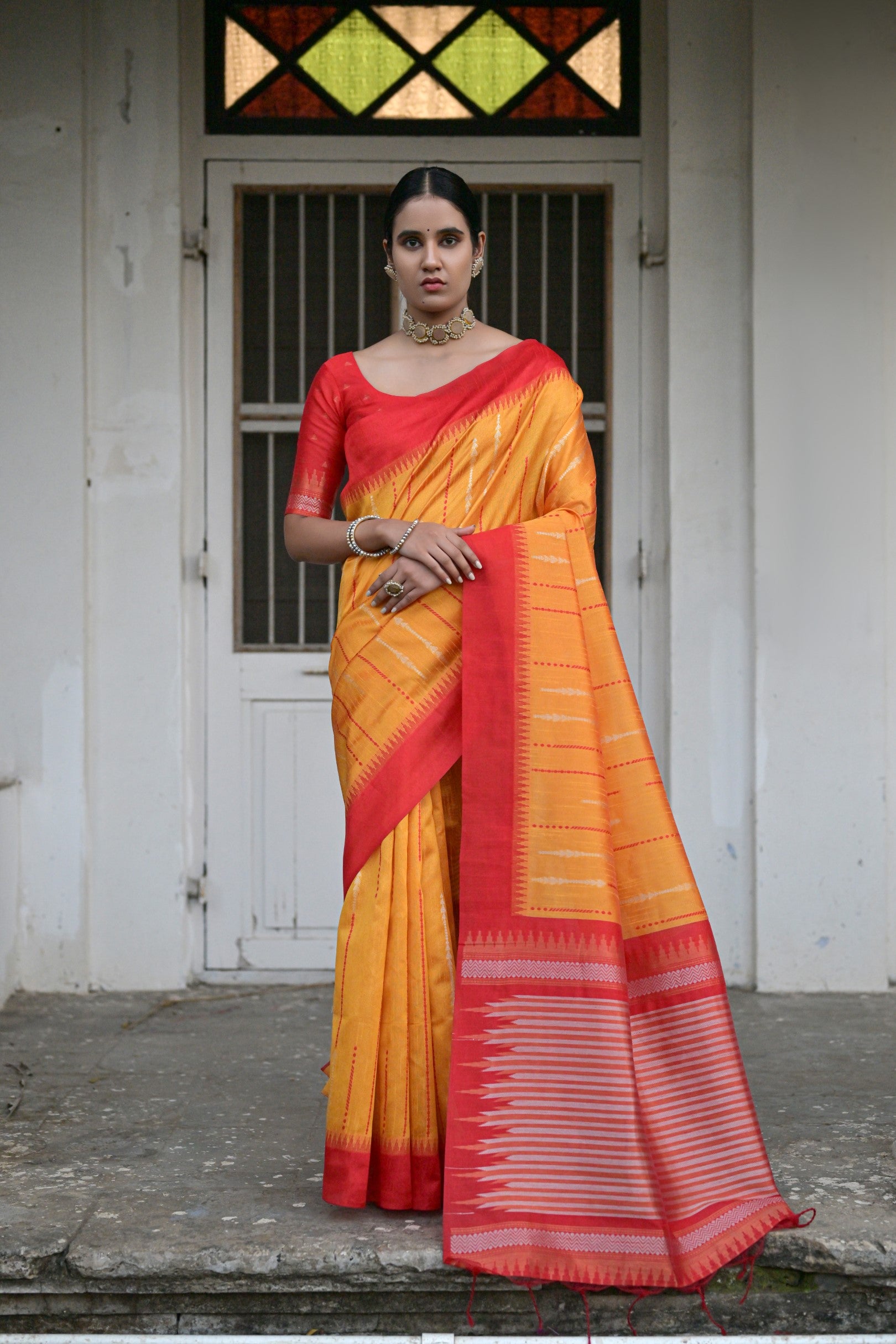 Vsaree Yellow Pink Raw Silk Saree With Contrast Border And Lining Pallu With Contrast Blouse For Women