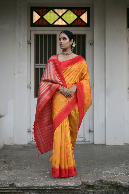 Vsaree Yellow Pink Raw Silk Saree With Contrast Border And Lining Pallu With Contrast Blouse For Women