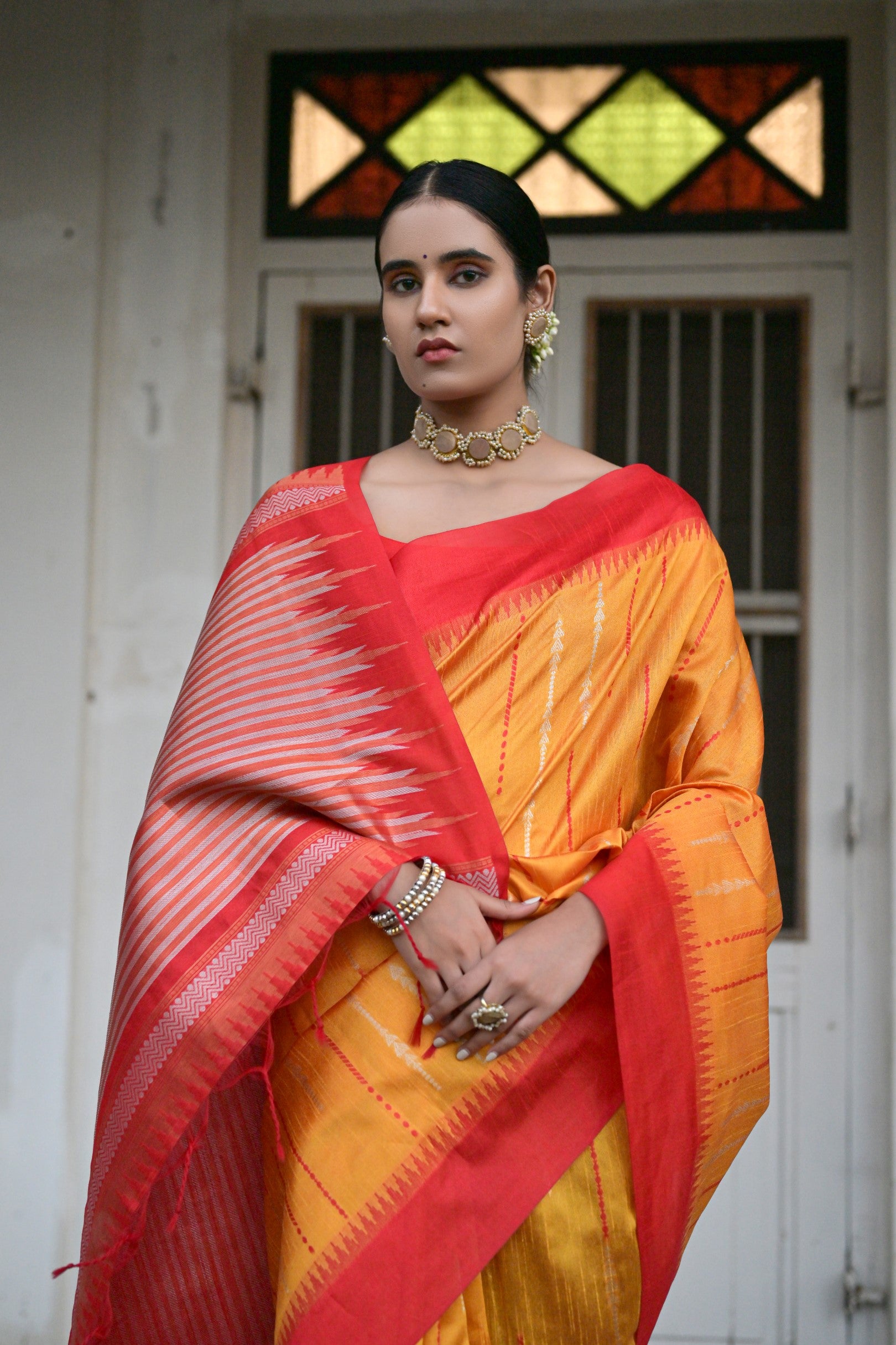 Vsaree Yellow Pink Raw Silk Saree With Contrast Border And Lining Pallu With Contrast Blouse For Women