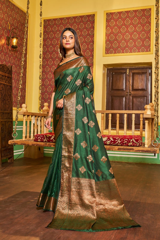 Designer Banarasi Soft Silk Saree With Pure Golden Zari Border And Blouse