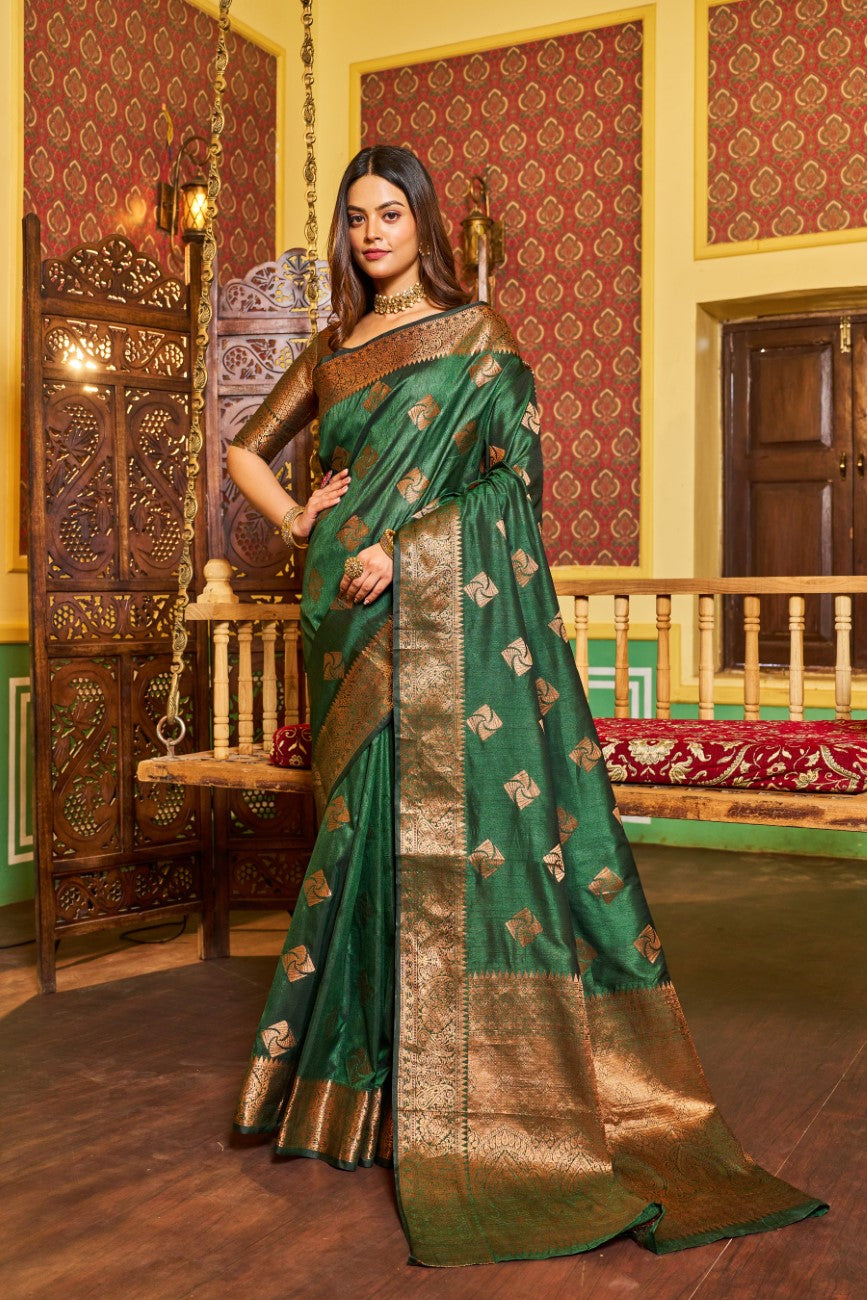 Designer Banarasi Soft Silk Saree With Pure Golden Zari Border And Blouse