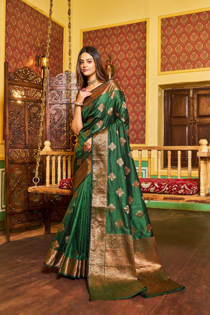 Designer Banarasi Soft Silk Saree With Pure Golden Zari Border And Blouse