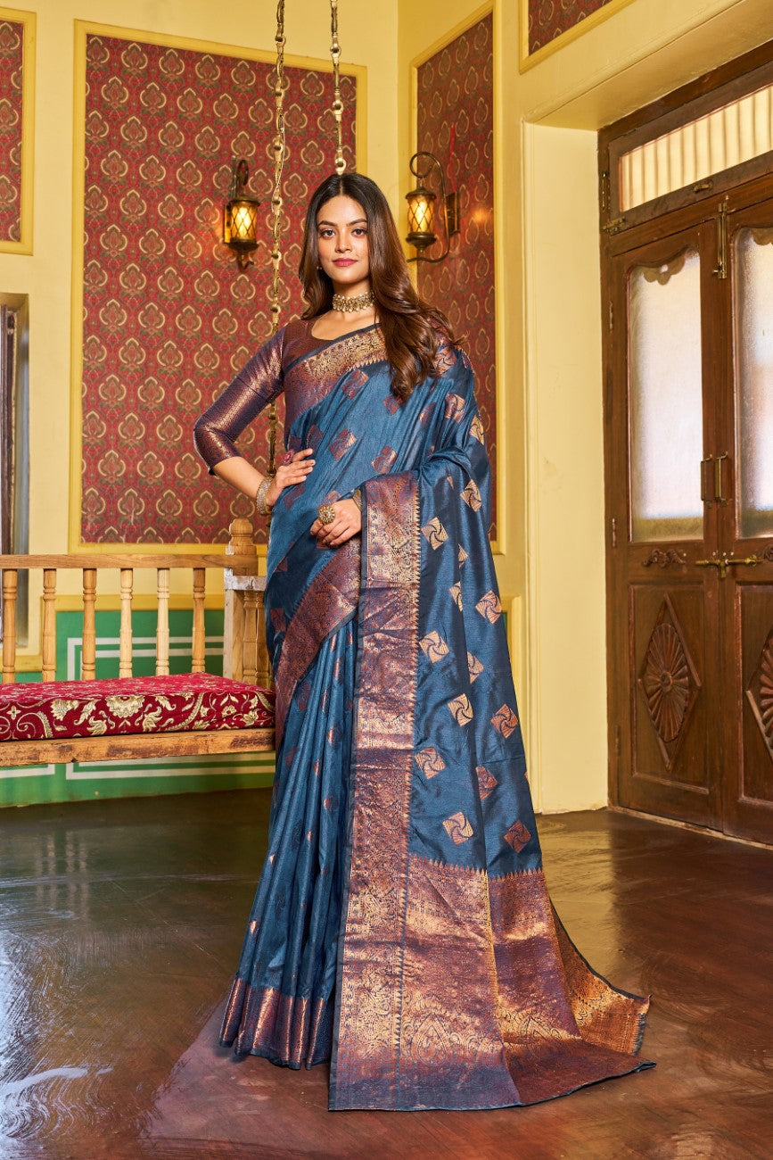 Designer Banarasi Soft Silk Saree With Pure Golden Zari Border And Blouse