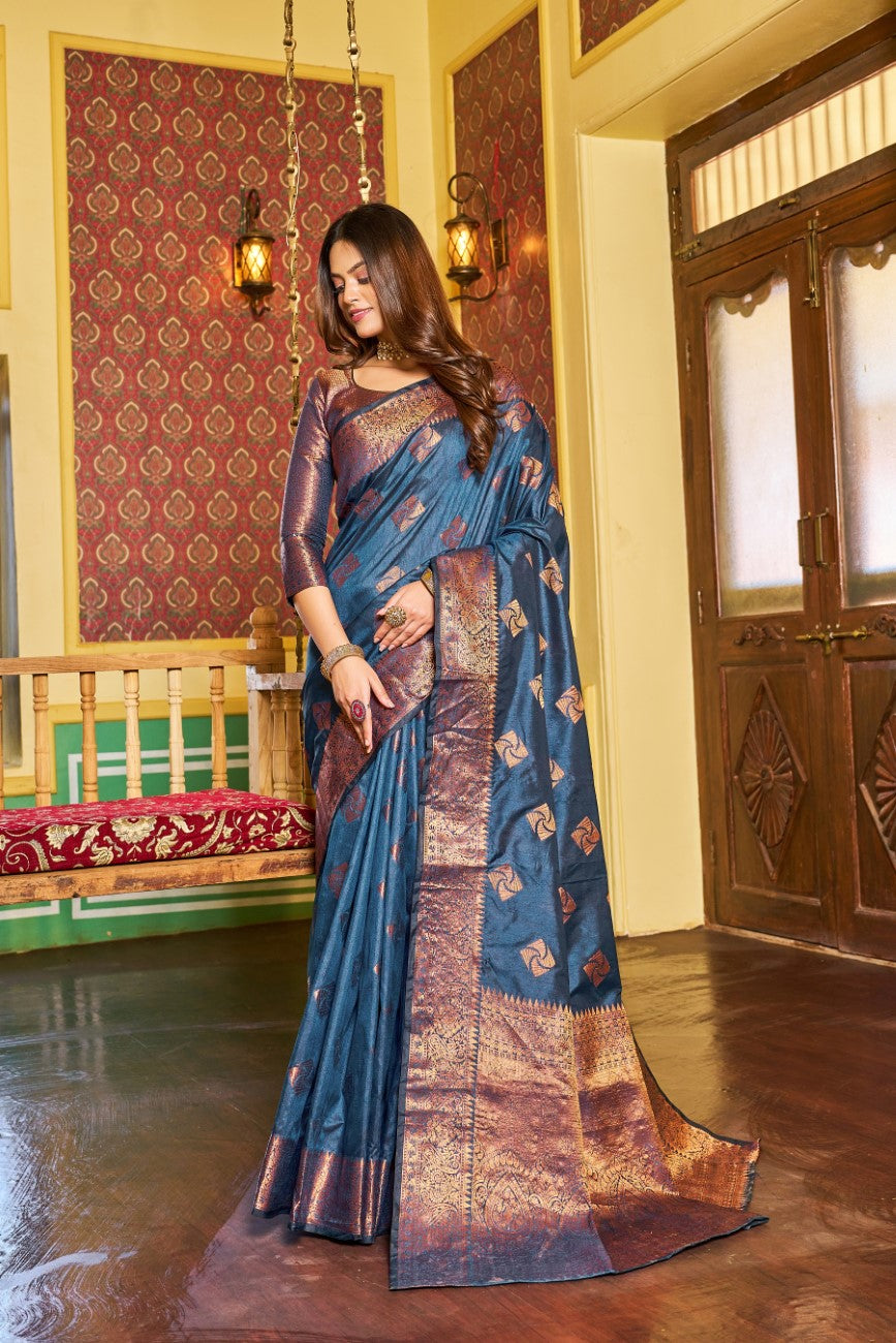 Designer Banarasi Soft Silk Saree With Pure Golden Zari Border And Blouse