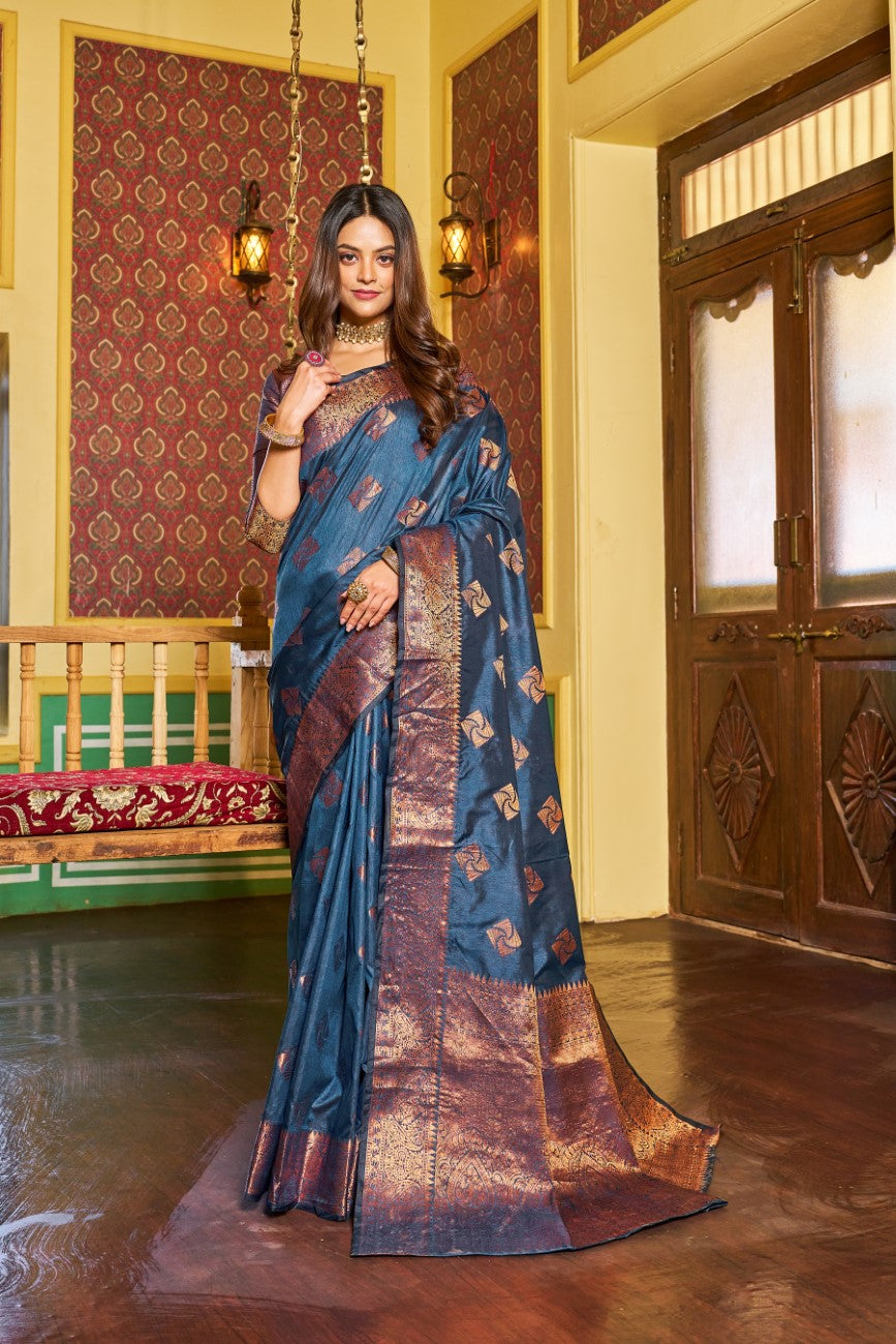 Designer Banarasi Soft Silk Saree With Pure Golden Zari Border And Blouse