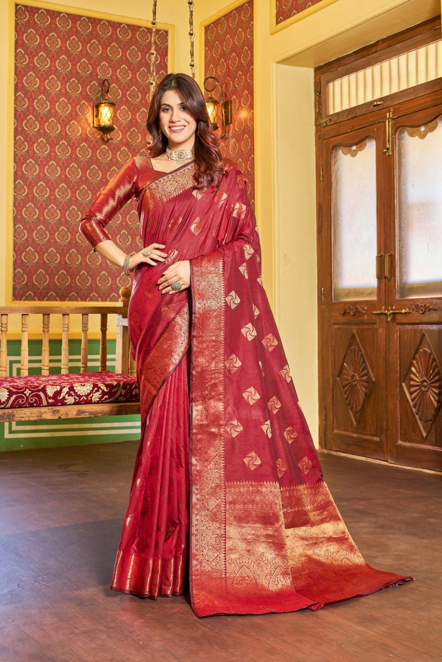 Designer Banarasi Soft Silk Saree With Pure Golden Zari Border And Blouse