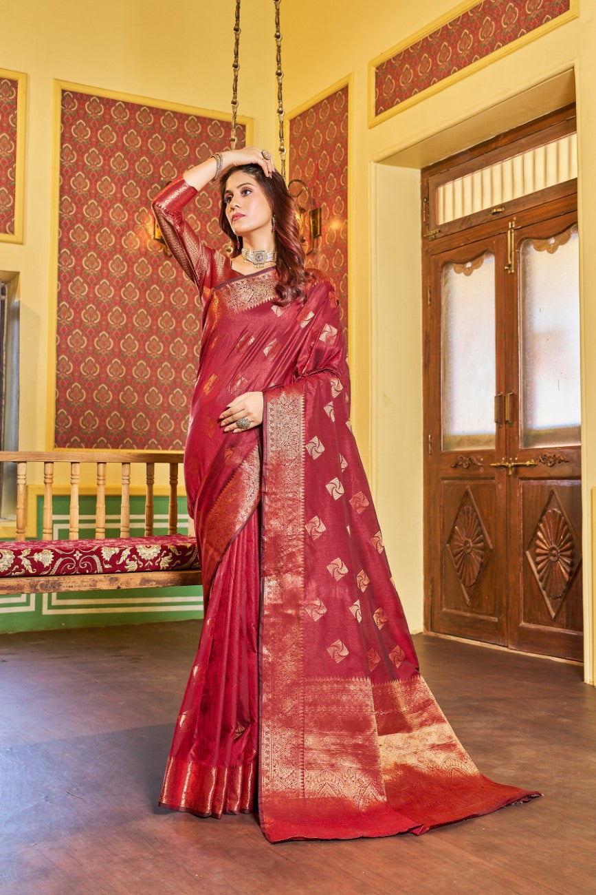 Designer Banarasi Soft Silk Saree With Pure Golden Zari Border And Blouse