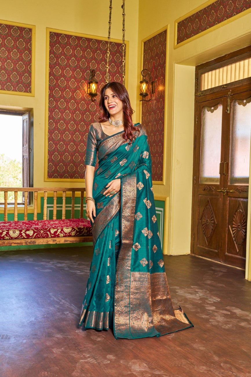 Designer Banarasi Soft Silk Saree With Pure Golden Zari Border And Blouse