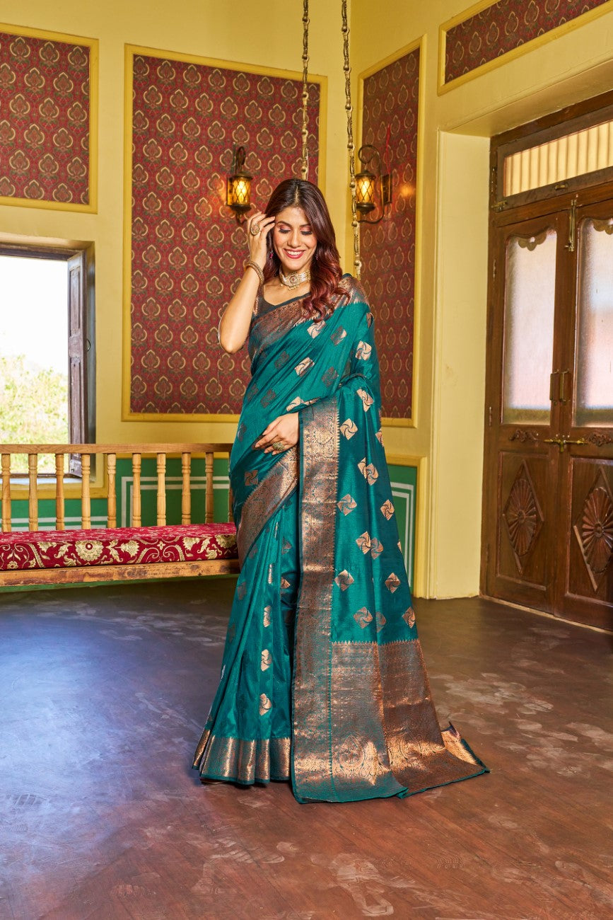 Designer Banarasi Soft Silk Saree With Pure Golden Zari Border And Blouse