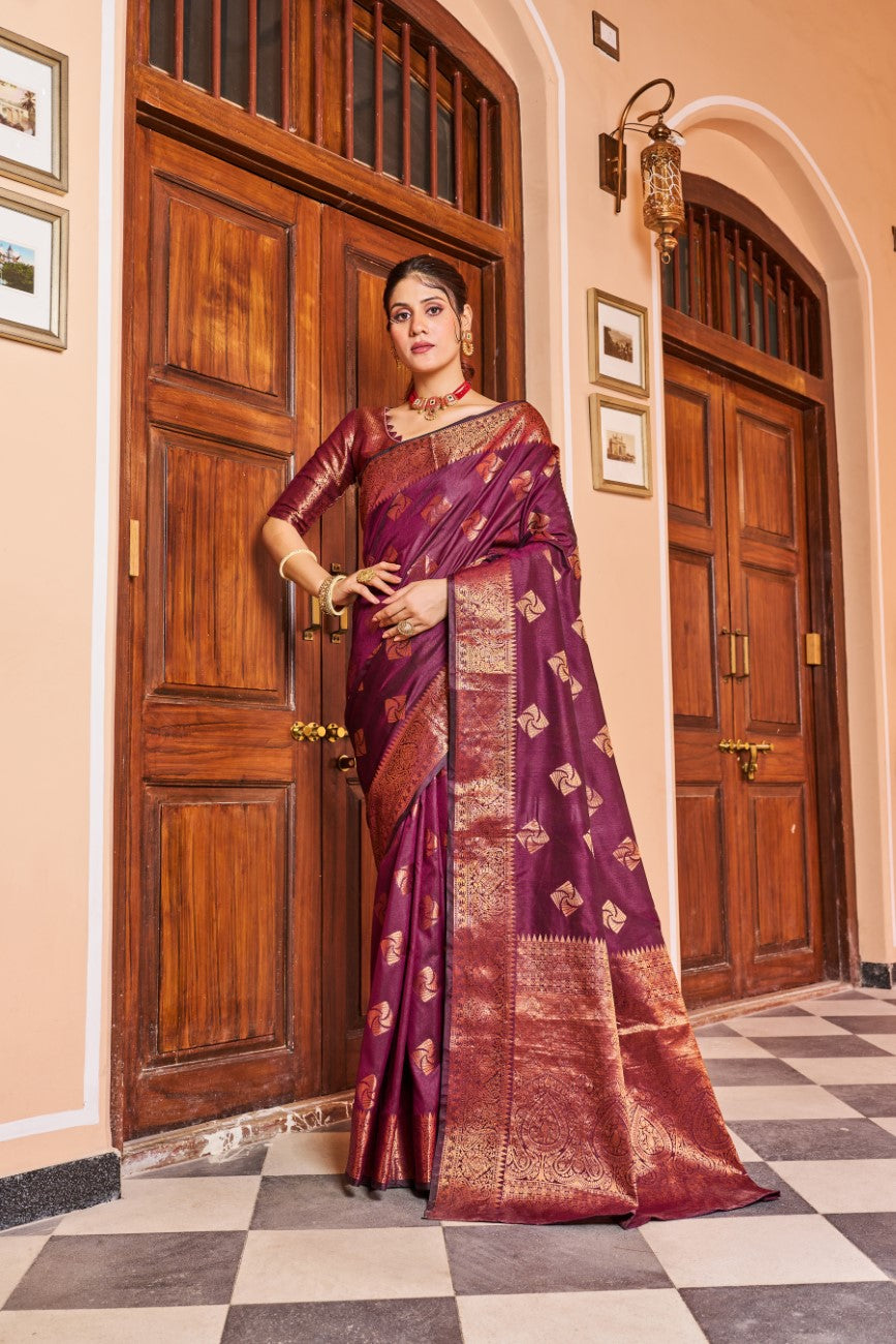 Designer Banarasi Soft Silk Saree With Pure Golden Zari Border And Blouse